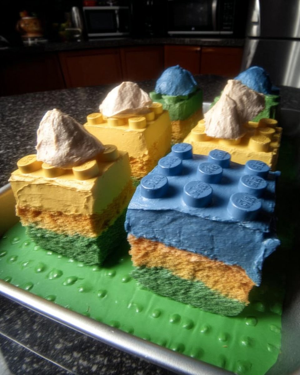 Close up of a hand applying colored icing to a rectangular piece of cake