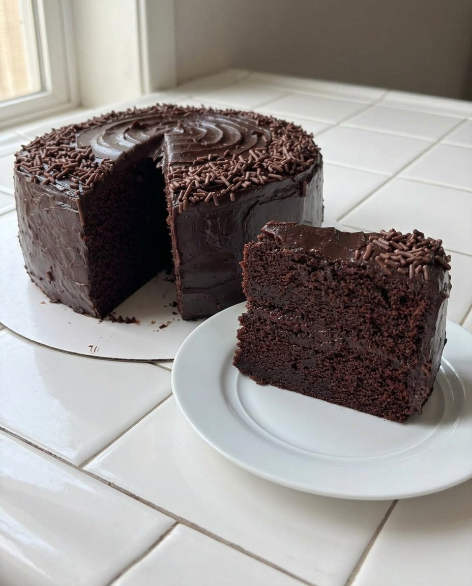 A thick slice of dark chocolate Matilda cake with glossy fudge frosting