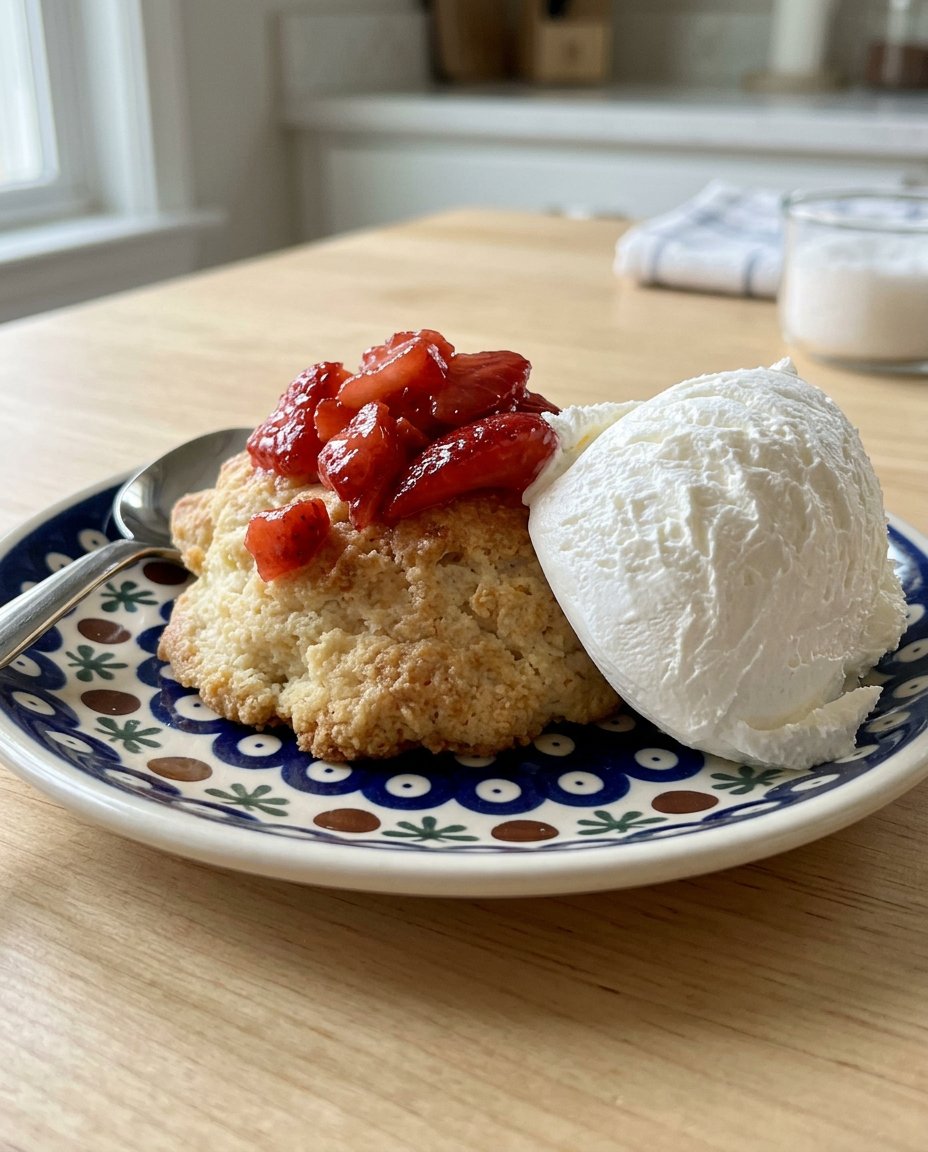 Strawberry Shortcake 3 12 Baking ingredients including flour, butter, and fresh strawberries arranged on a wooden table.