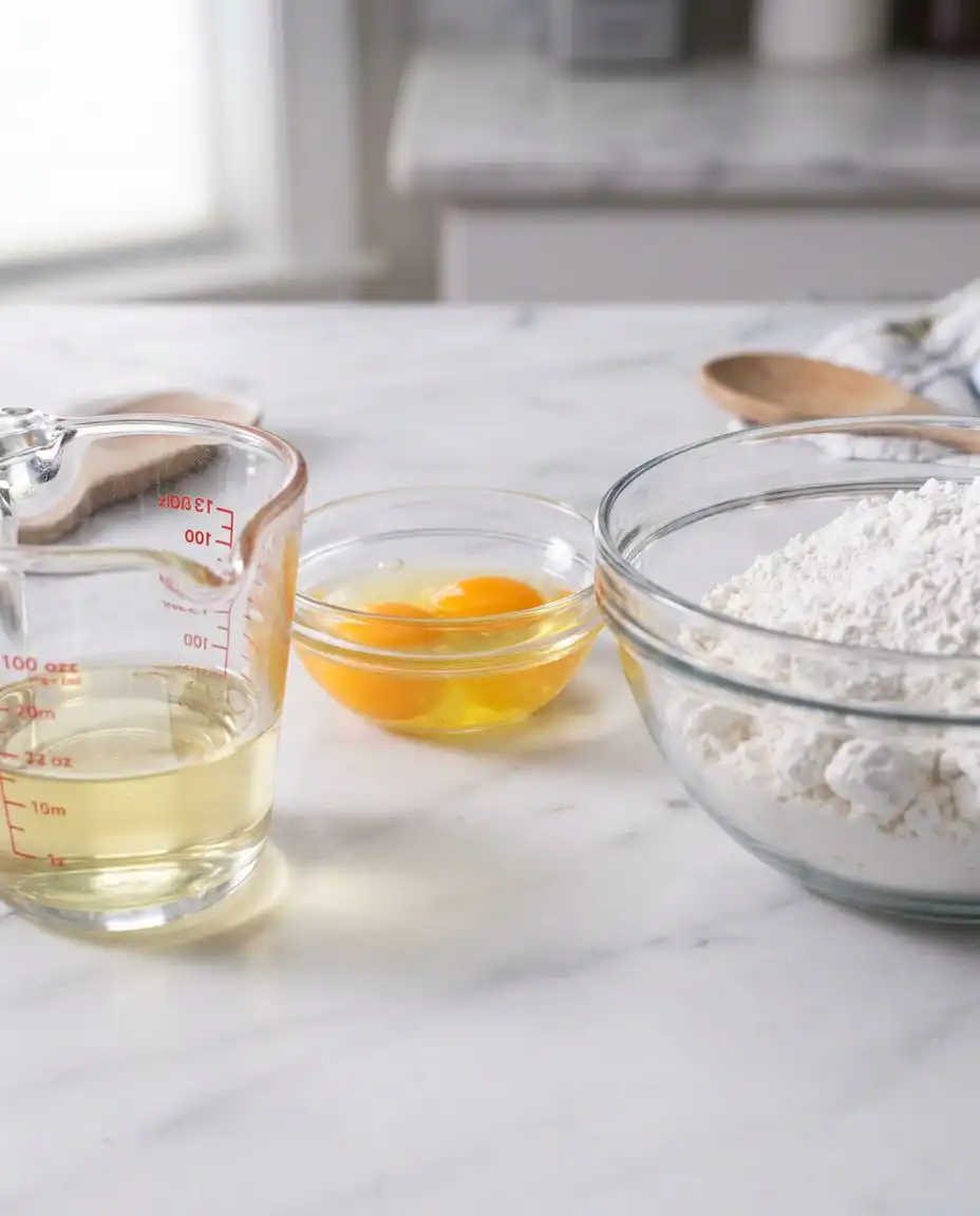 A flat lay of cake mix, oil, eggs, and chocolate chip mix-ins on a marble surface