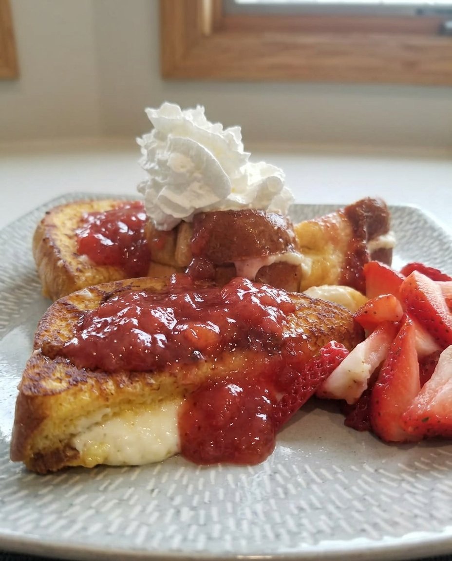 Bowls of digestive biscuits, cream cheese, and fresh strawberries on a rustic wooden table.