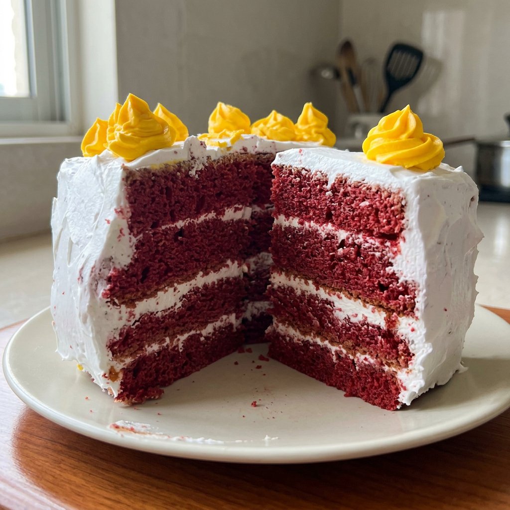 Red Cake 12 Baking ingredients including buttermilk, cocoa powder, and red food coloring on a marble surface