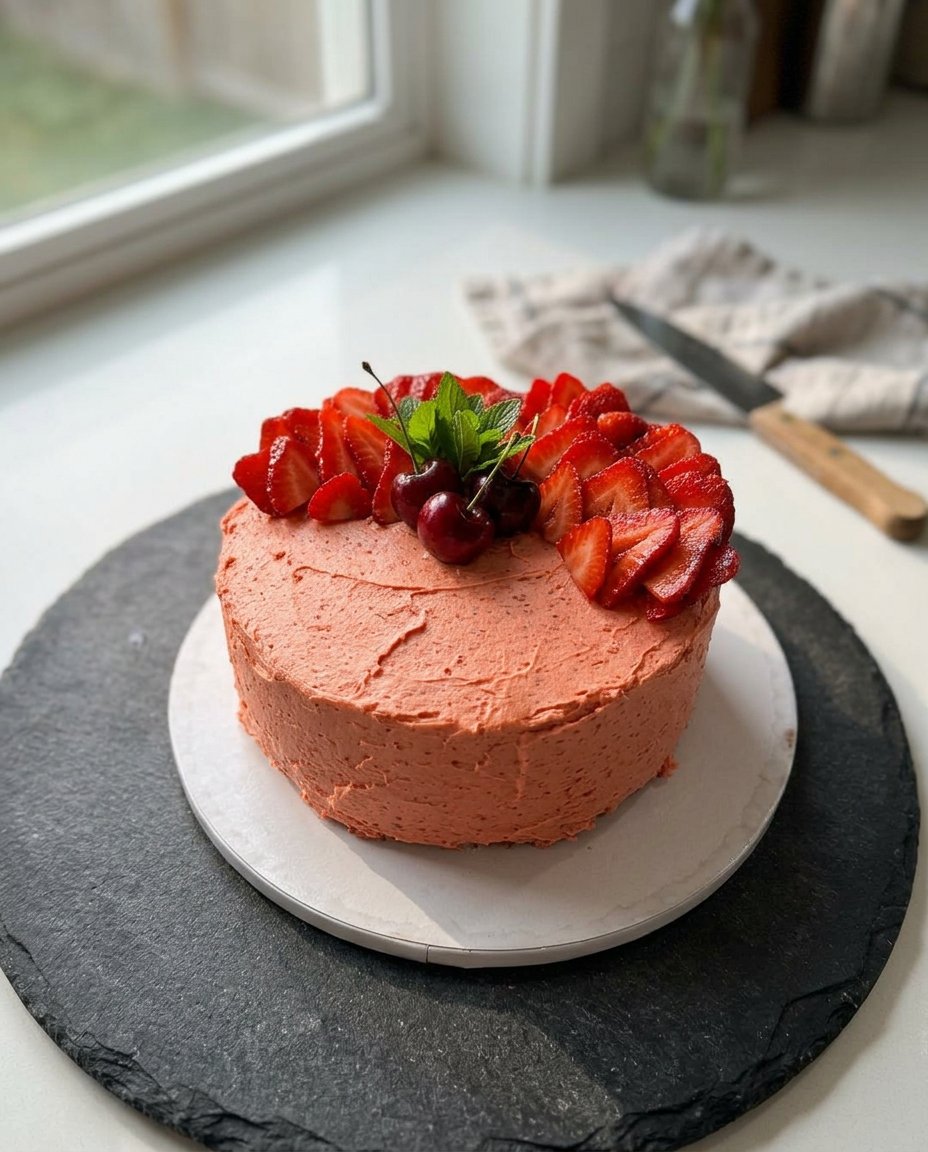 Baking ingredients for strawberry crunch cake laid out on a rustic wooden counter