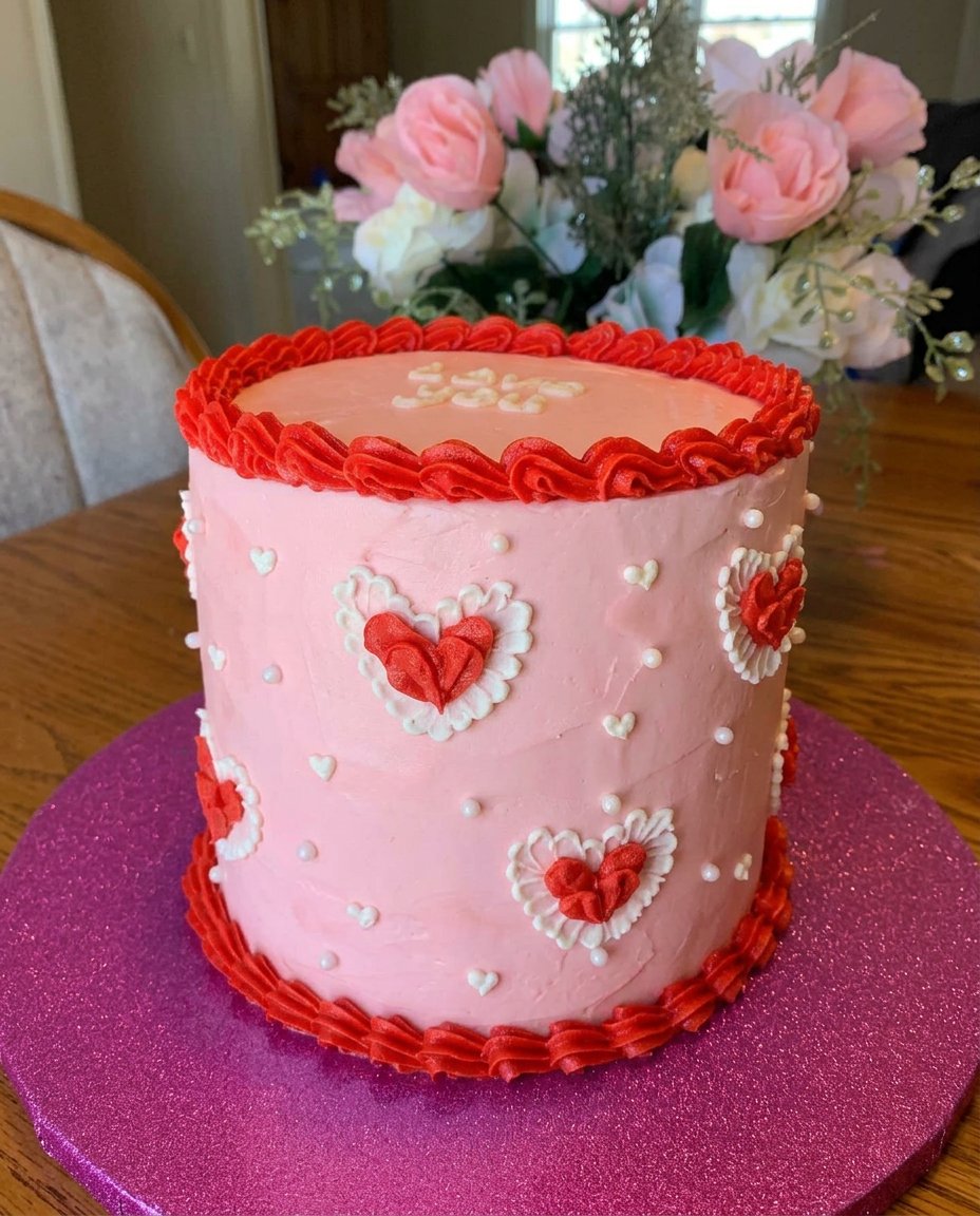 Valentines Day Cake 12 Ingredients for Valentines Day Cake including cake mix, pink gel color, and cherries