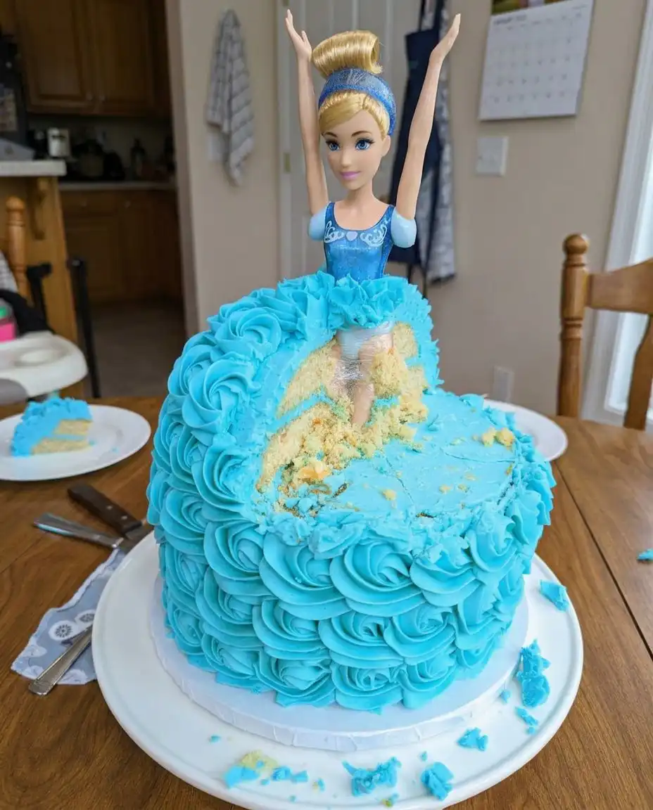 Ingredients for the Cinderella cake including cake mix eggs and blue food coloring