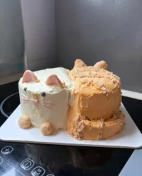 A deep dark chocolate cat cake with glossy ganache and cereal topping