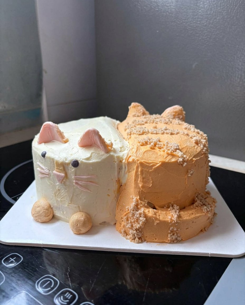 A deep dark chocolate cat cake with glossy ganache and cereal topping