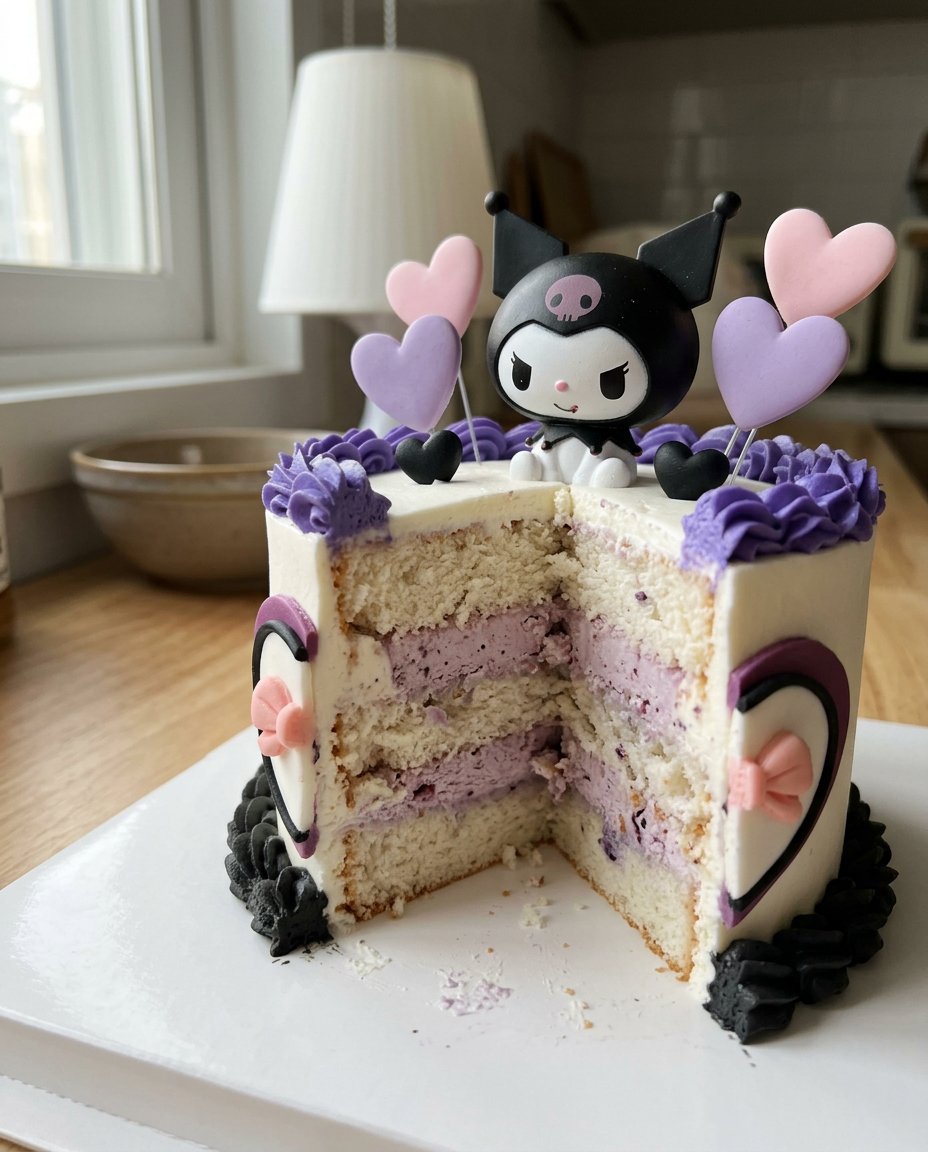 A stunning Kuromi cake design with black and purple ruffles and a character topper.
