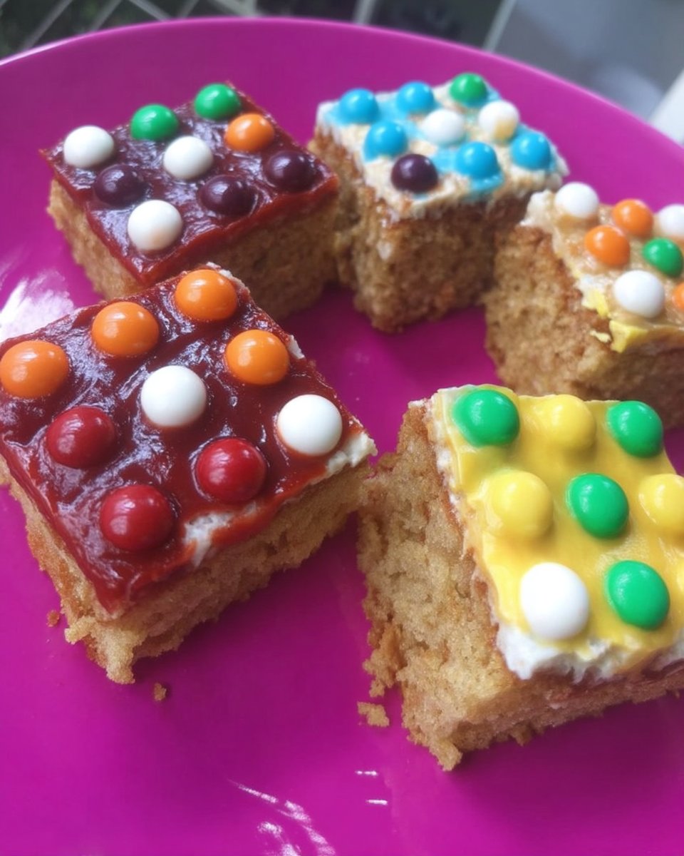 A large white platter filled with decorated Lego cake bricks of various colors