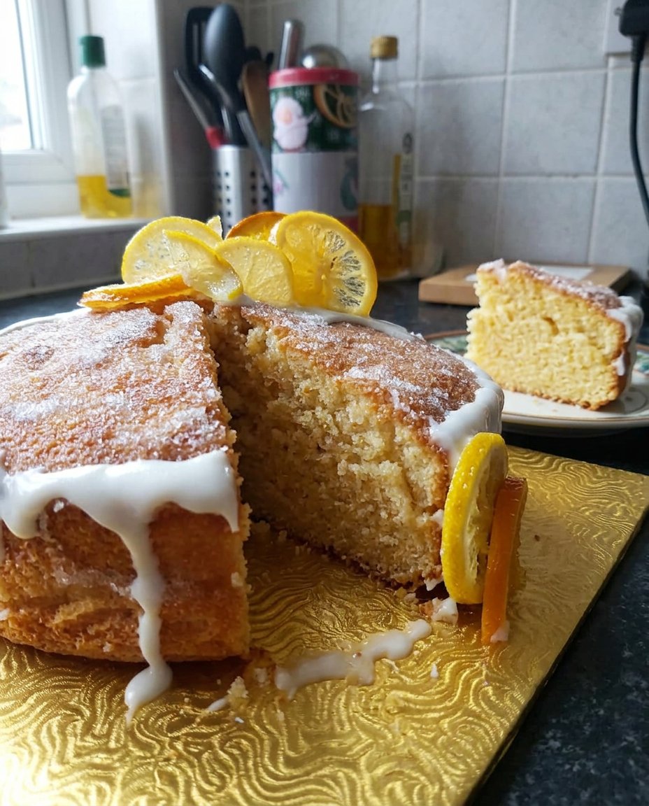 Fresh lemons and bowls of sugar and flour on a wooden counter