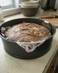 A close up view of the chocolate and vanilla swirls in a sliced marvel cake