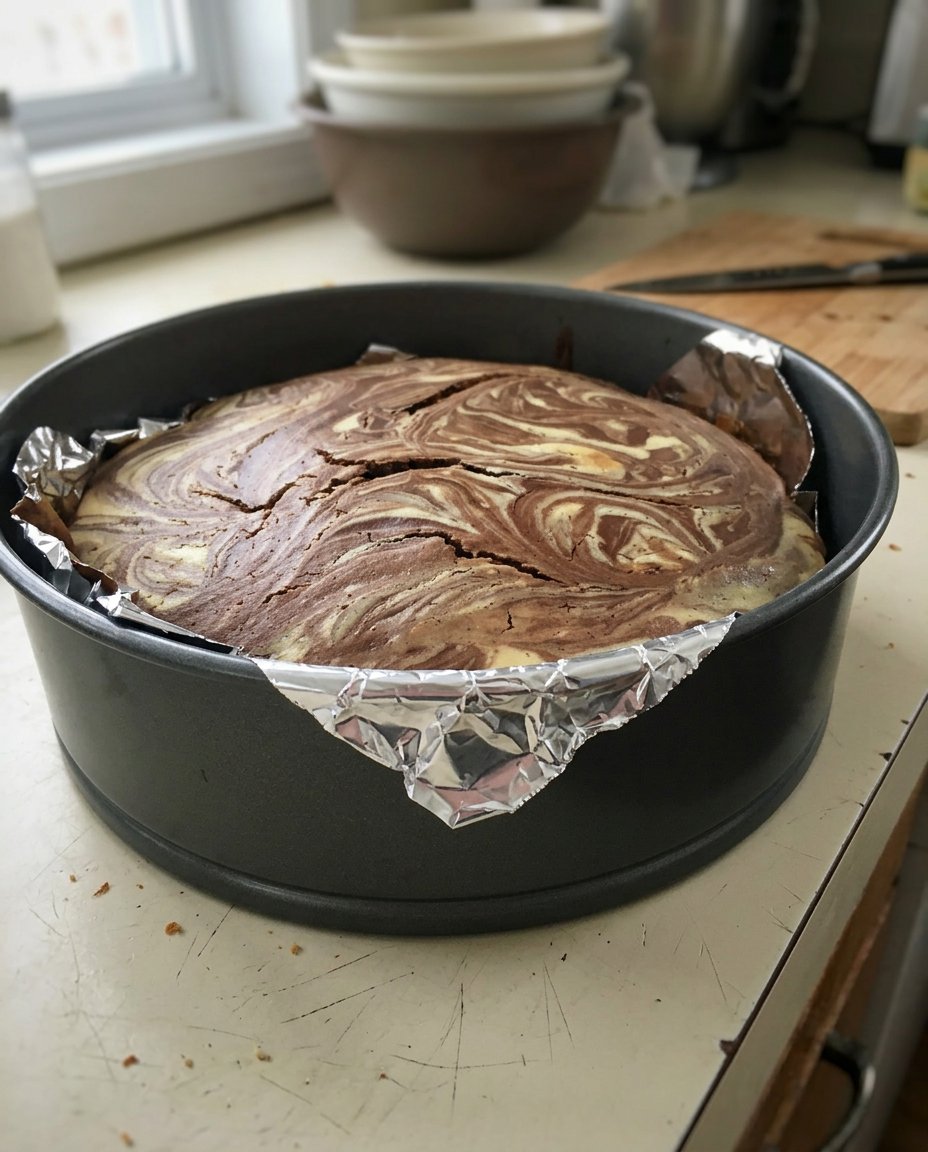 A close up view of the chocolate and vanilla swirls in a sliced marvel cake