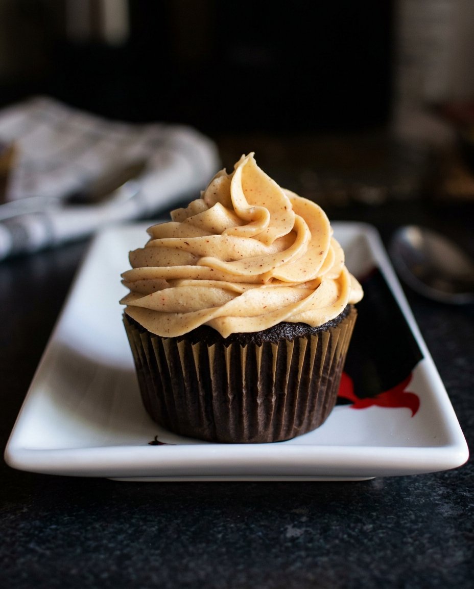 A small 6-inch dark chocolate cake with smooth white frosting on a minimalist stand.