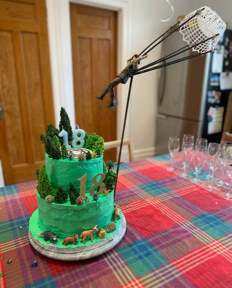 A large number eighteen birthday cake decorated with pink roses and macarons