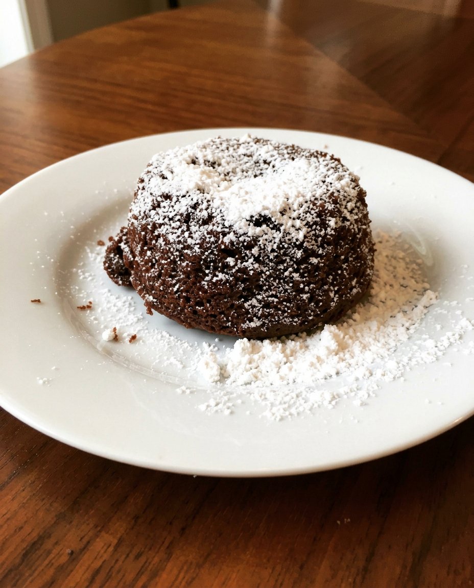 A close up of a chocolate lava cake with a molten center flowing onto a white plate