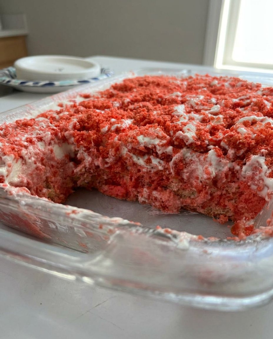 A slice of strawberry crunch cake on a vintage floral plate with a silver fork