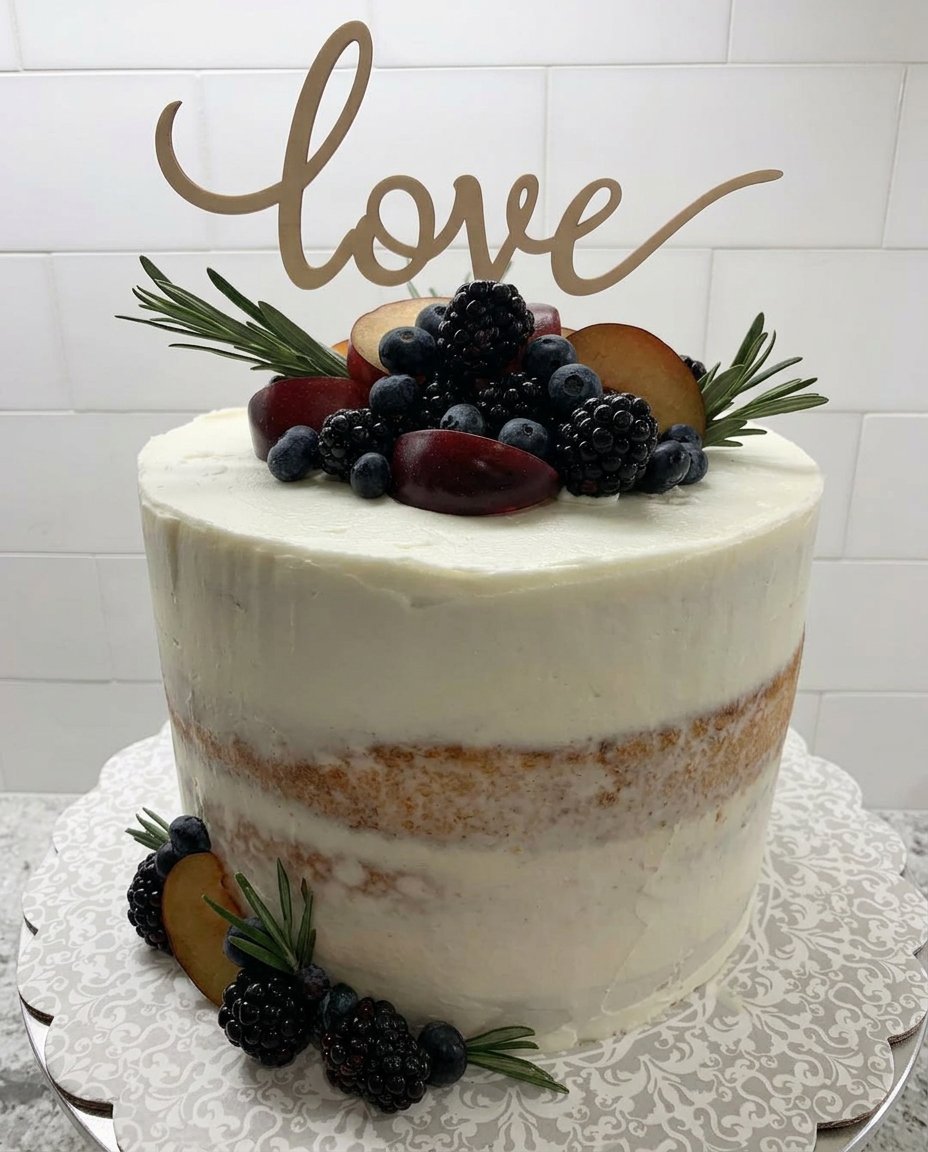 A slice of nude cake served on floral china with fresh raspberries and a cup of tea