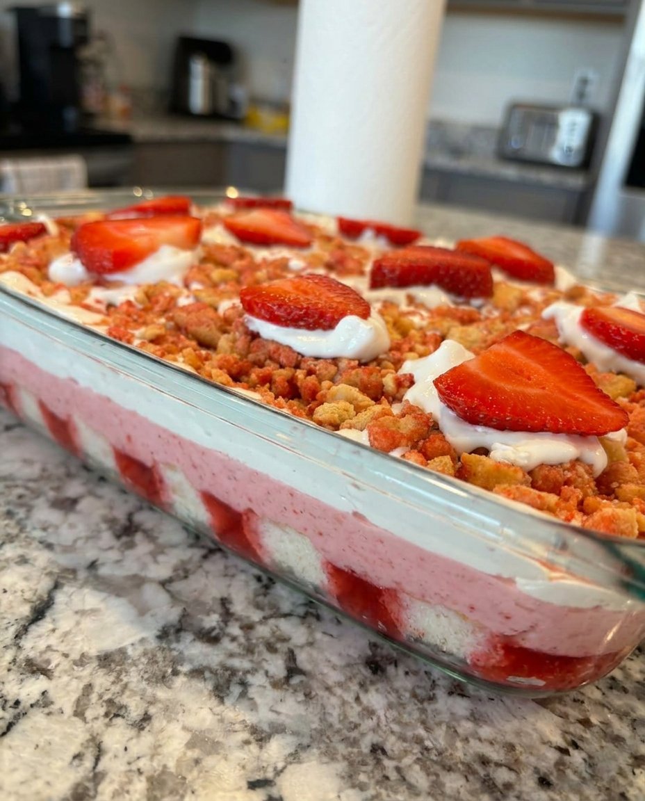 Ingredients for strawberry poke cake including white cake mix and canned pie filling