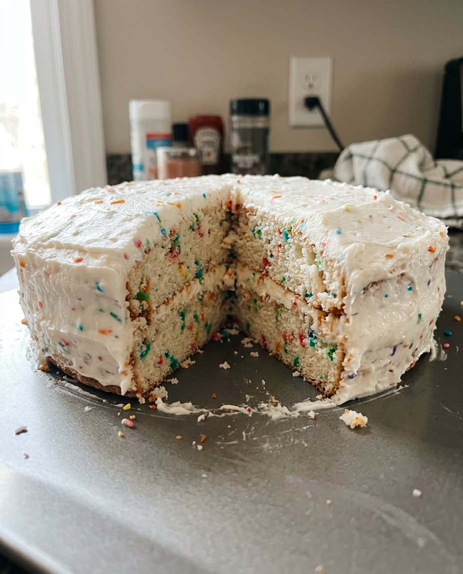 A stunning two-layer homemade cake with thick white frosting on a glass stand