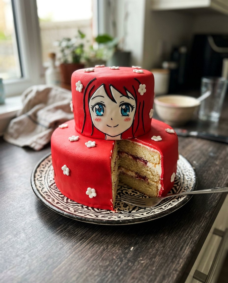 Anime Cake 14 A sharp slice of yellow lemon cake on a bright blue plate with a clean crumb visible