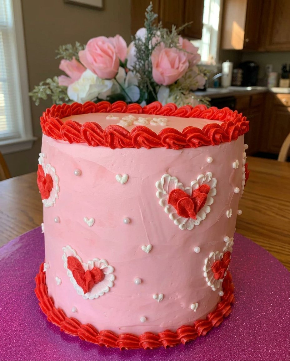 A tall Valentines Day Cake with pink and white tie-dye frosting and maraschino cherries
