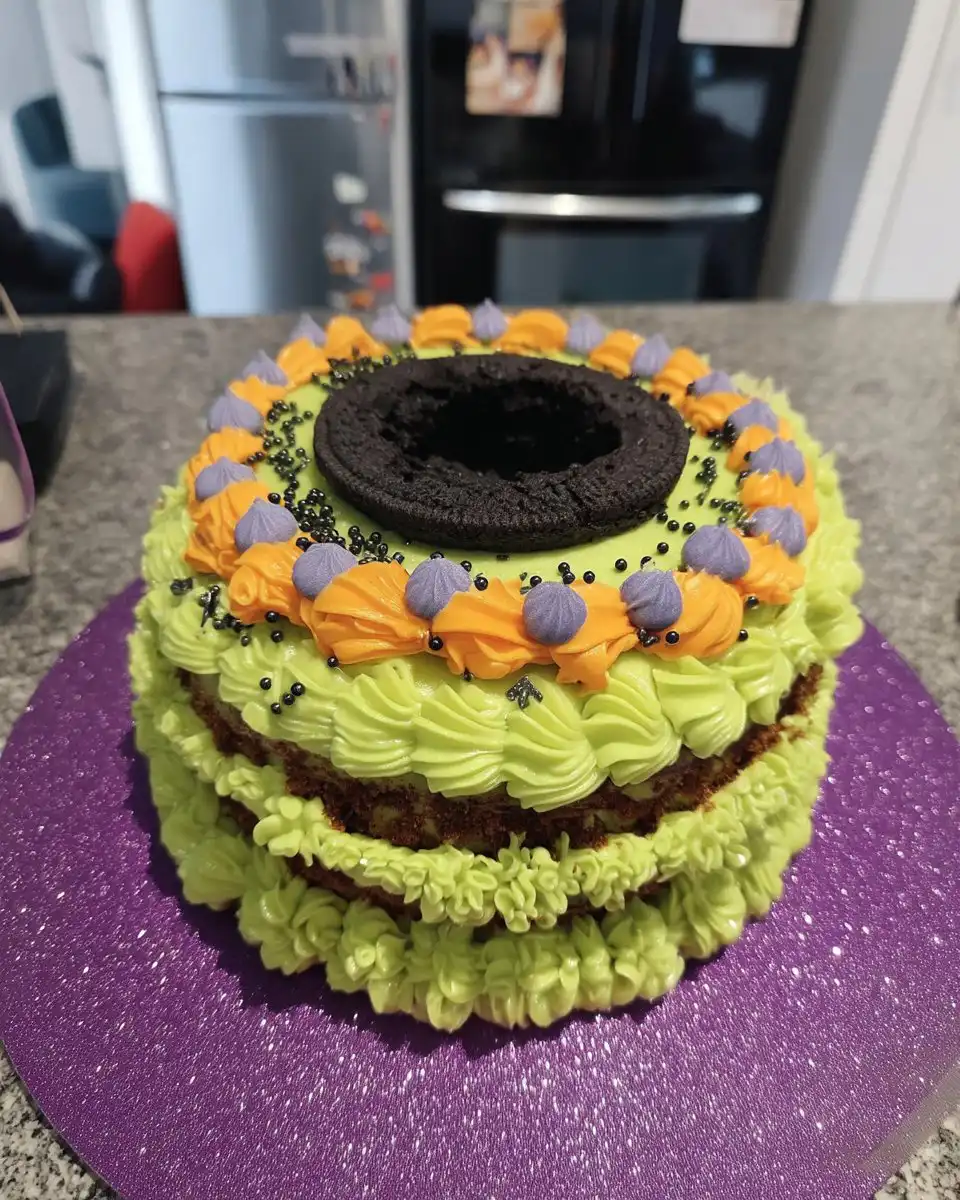 Hand piping an orange ruffle onto a white cake using a petal tip