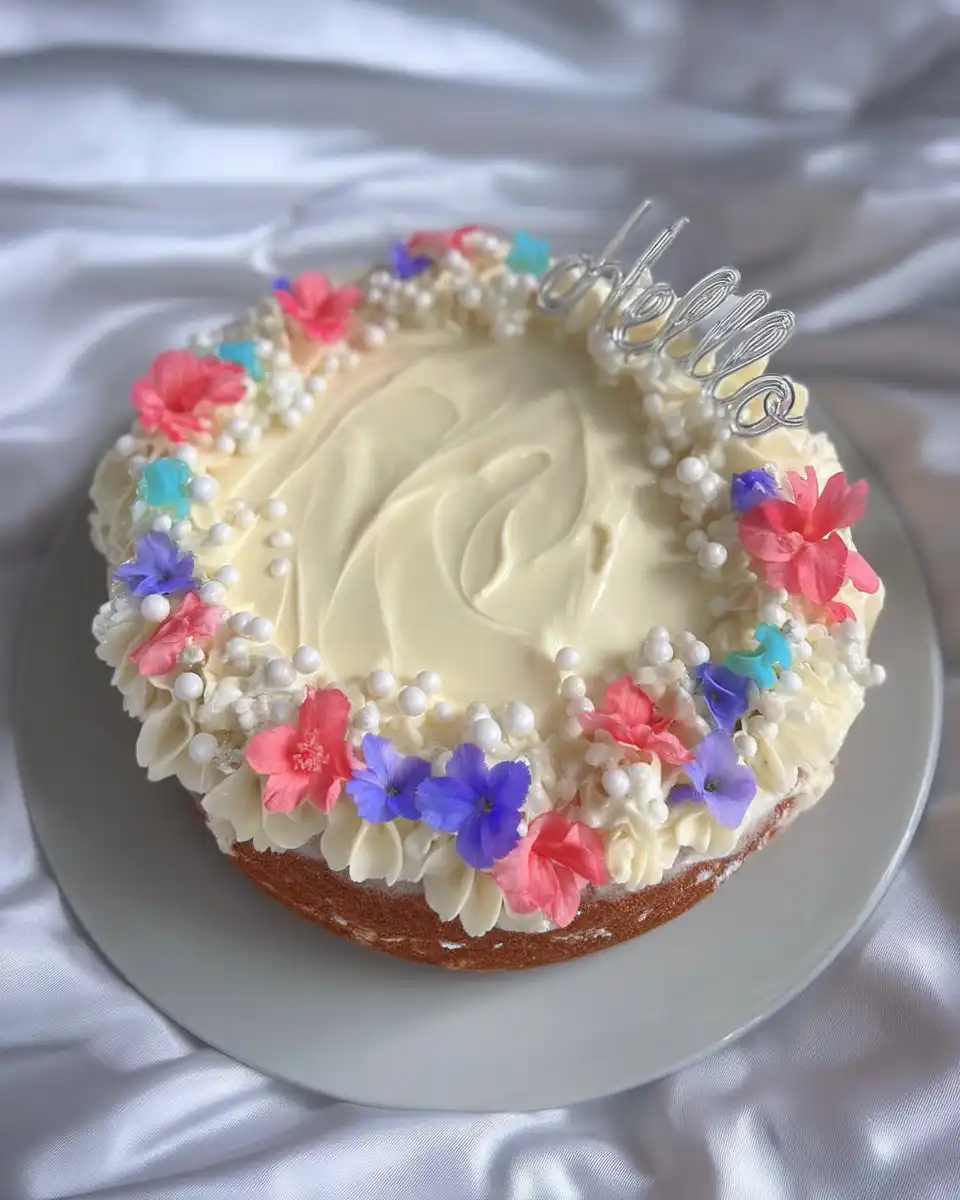 Close up of a hand piping a pink buttercream rose onto a cake