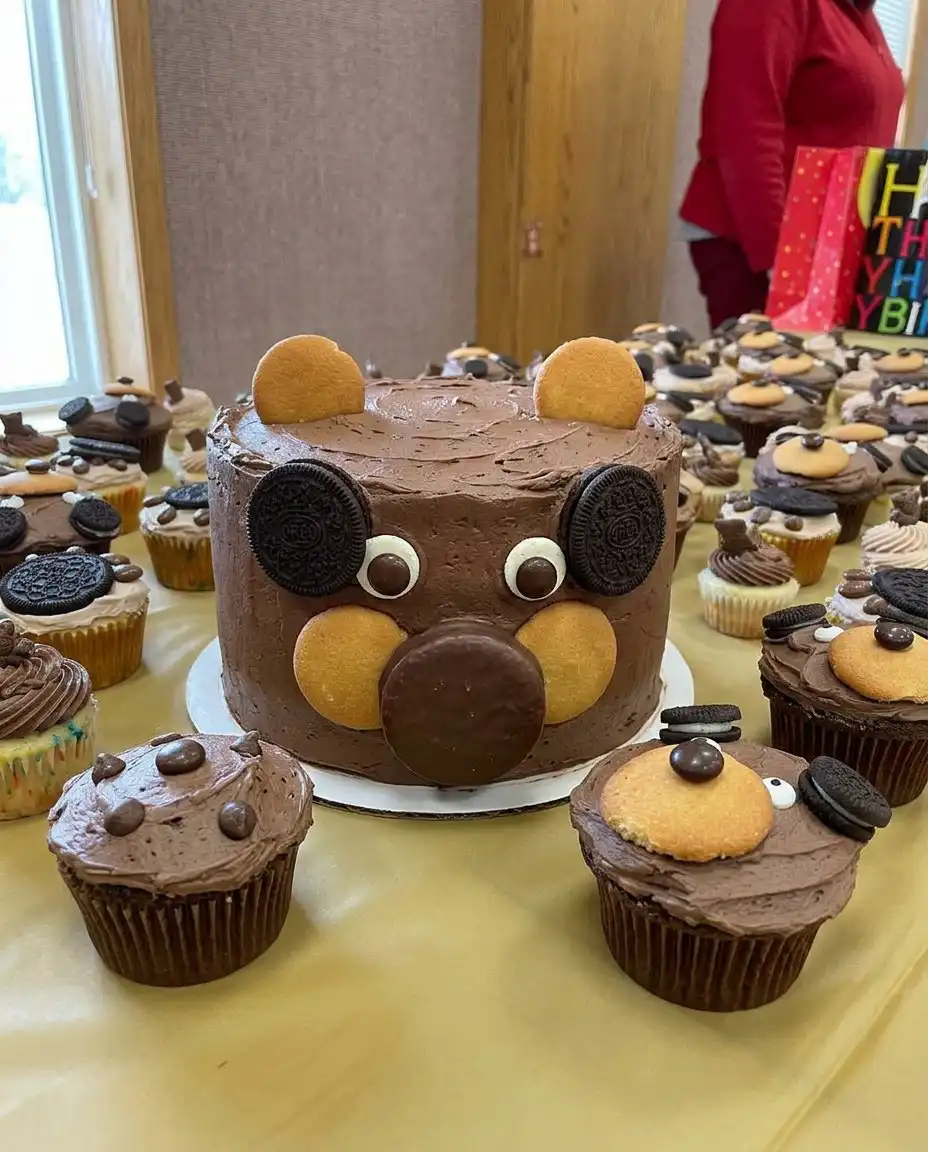 A hand piping small chocolate buttercream stars onto a cake to create a fur texture.