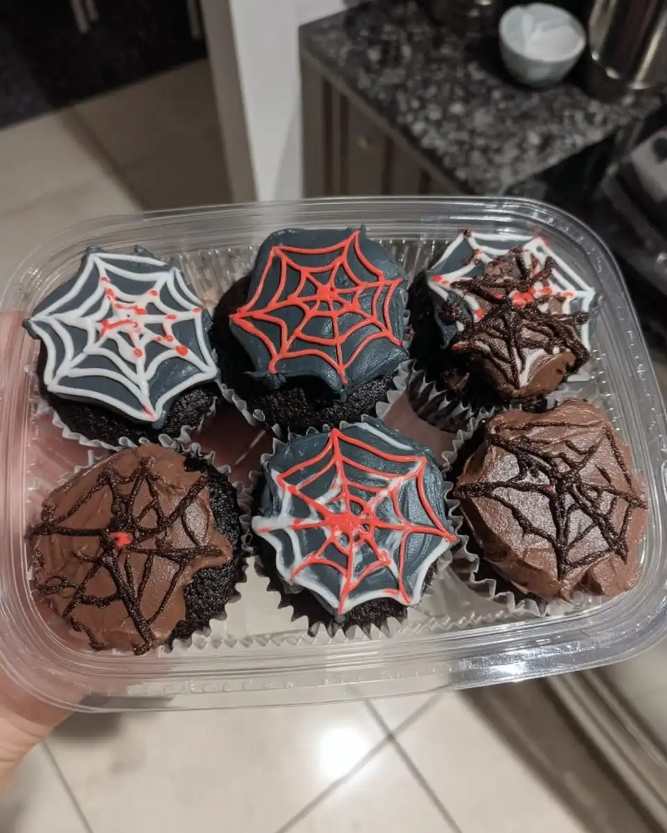 Close up of a hand piping a chocolate web onto a red fondant mask.