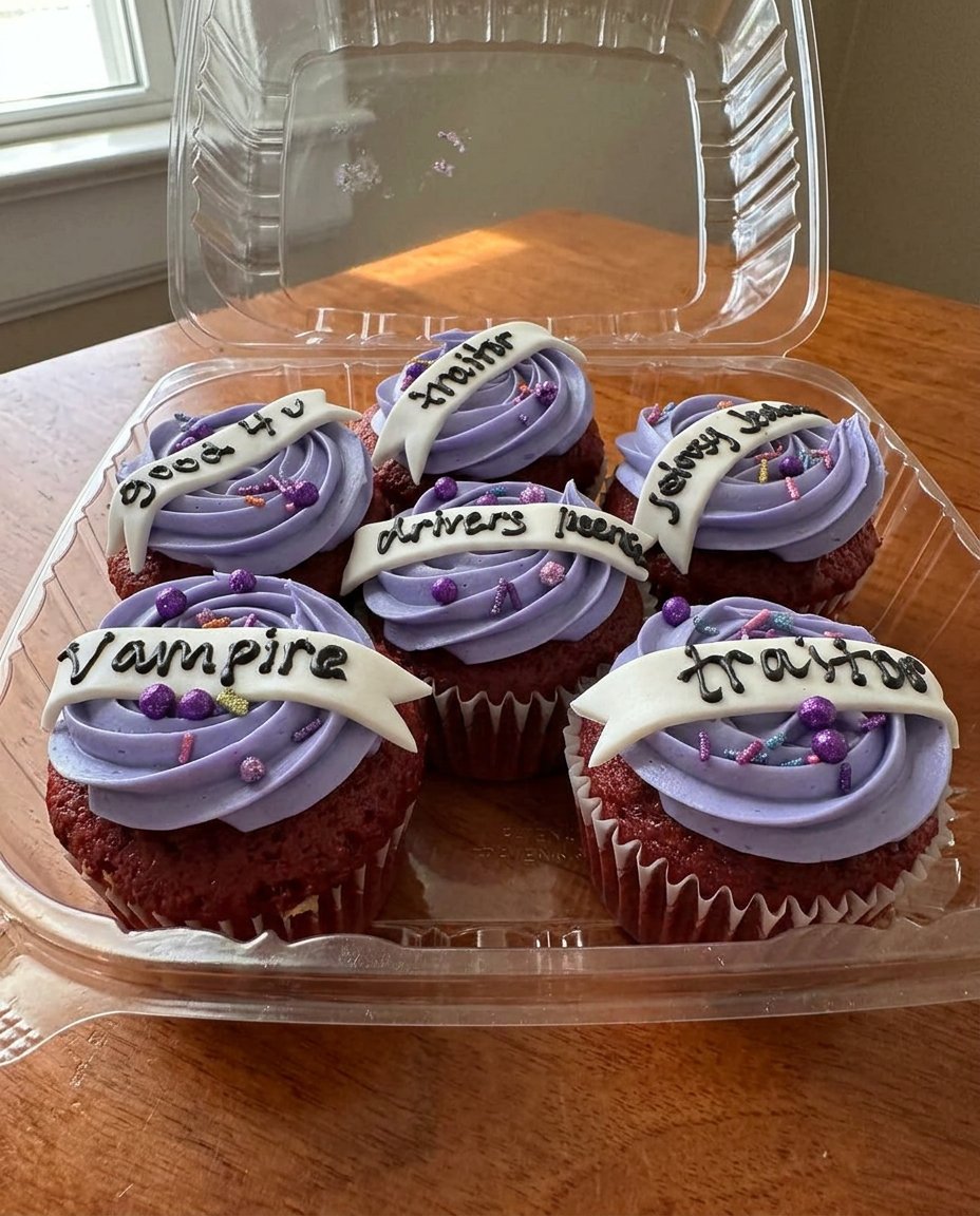 Close up of a hand piping purple buttercream ruffles onto a cake
