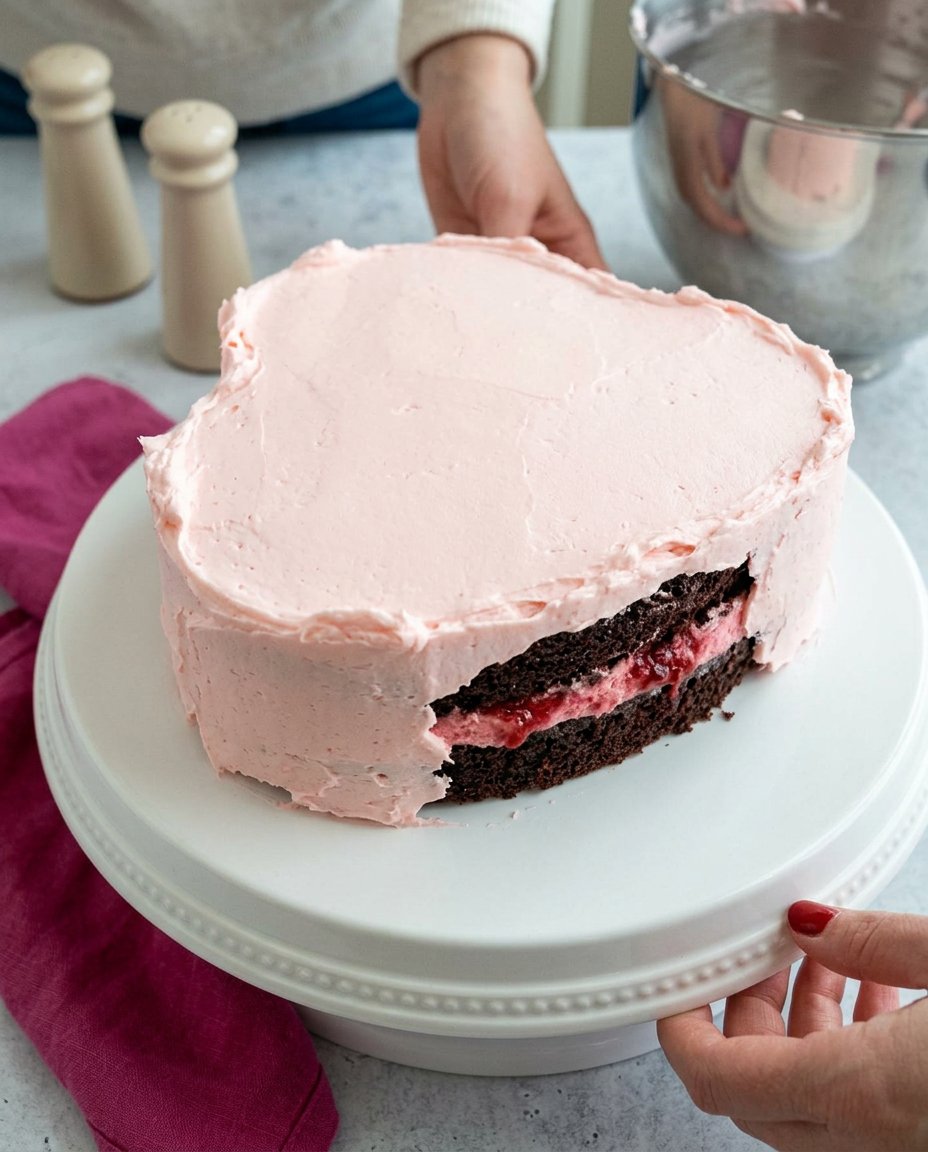 A close up of hands piping fuchsia ruffles onto a heart cake using a metal tip