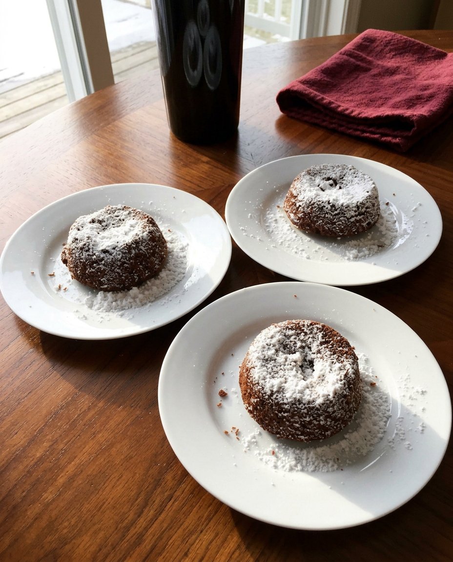 An elegantly plated chocolate lava cake dusted with sugar and garnished with raspberries