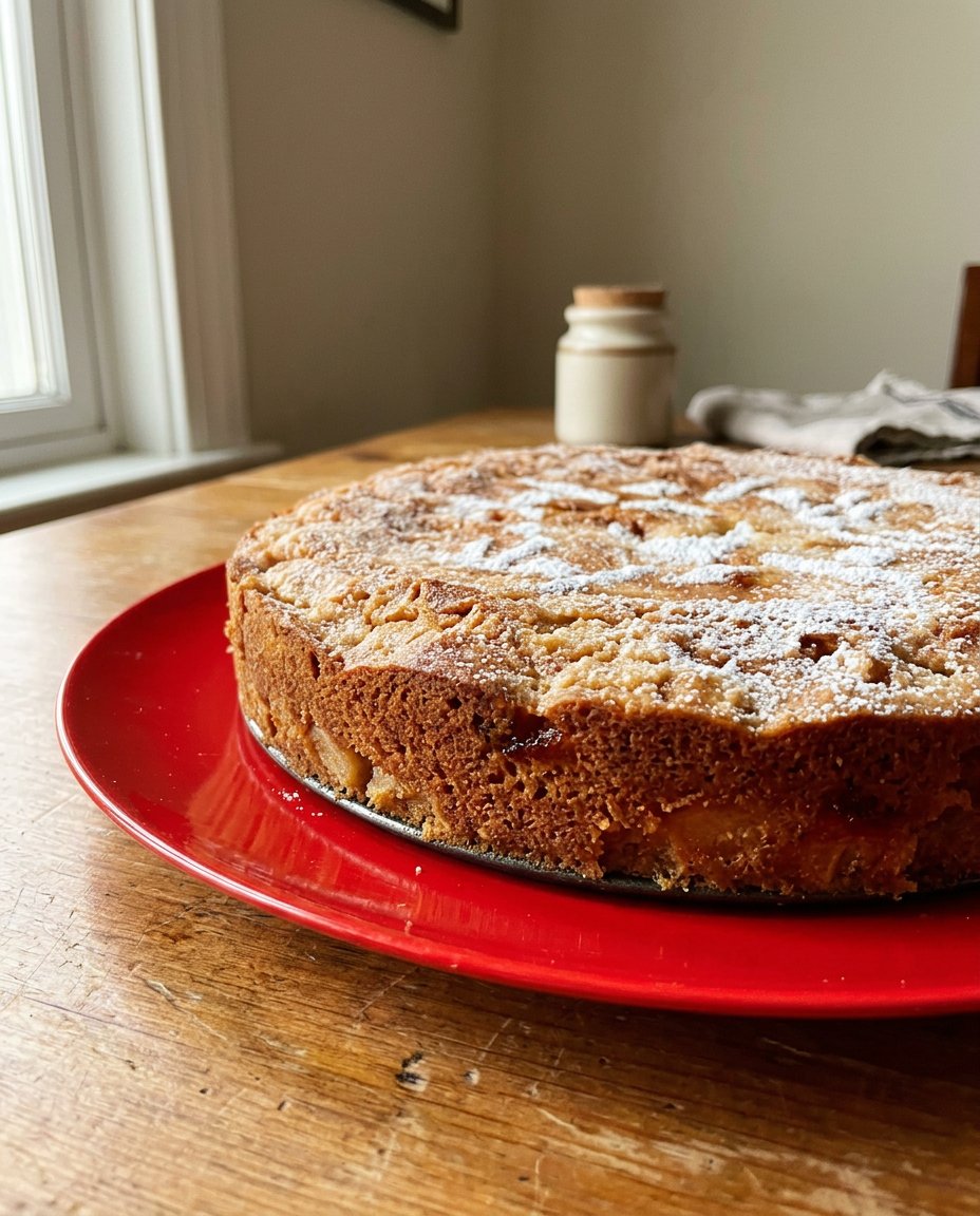 A single slice of French apple cake served on a delicate china plate with a dollop of creme fraiche