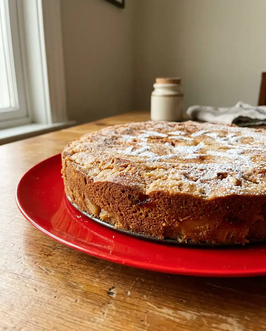 A single slice of French apple cake served on a delicate china plate with a dollop of creme fraiche