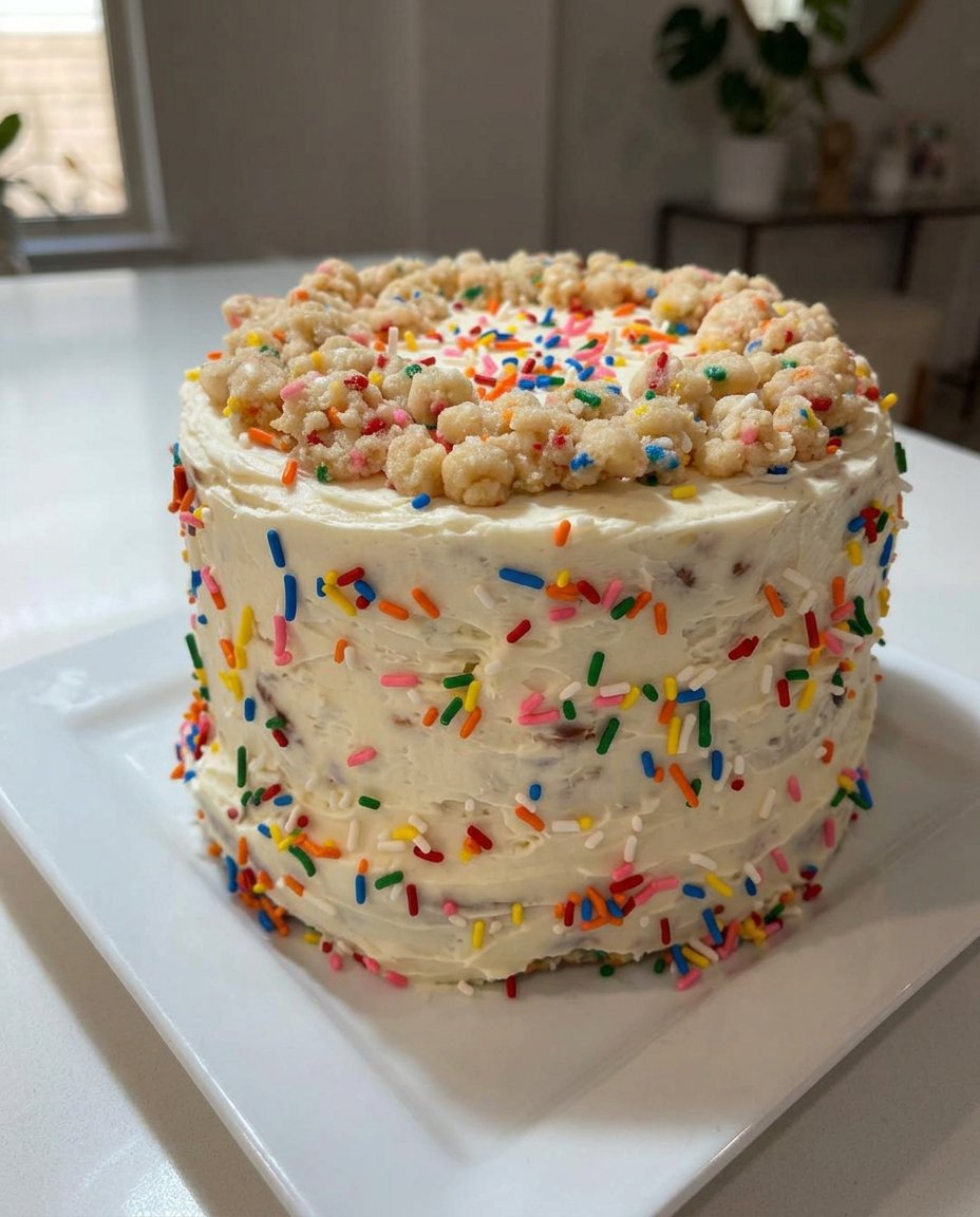A single slice of funfetti cake on a white plate showing the colorful interior
