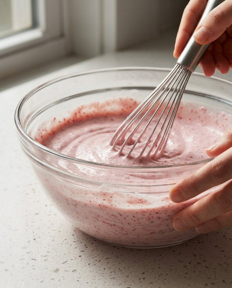 A hand pouring a creamy milk mixture over a sponge cake with many small holes.