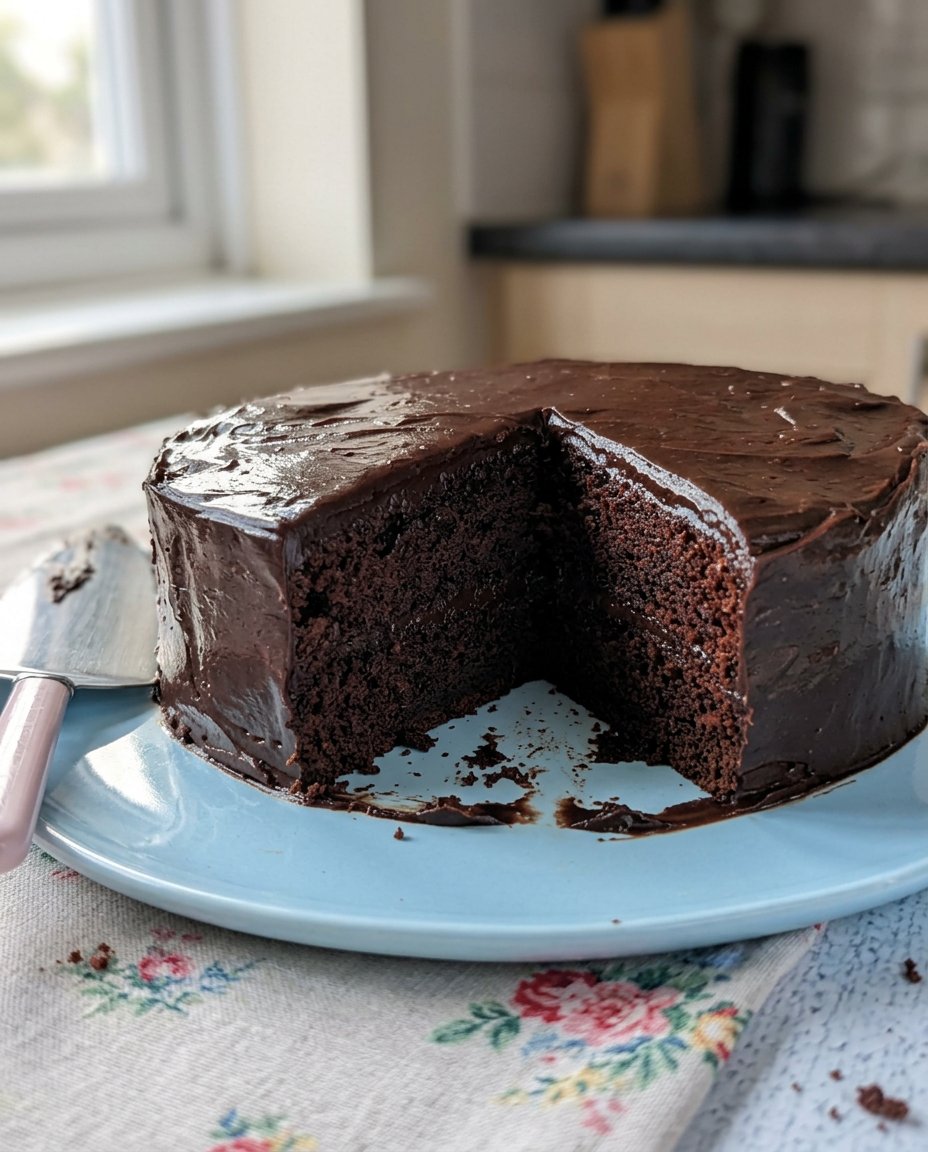 Easy Chocolate Cake 13 Warm chocolate icing being poured from a saucepan over a freshly baked cake