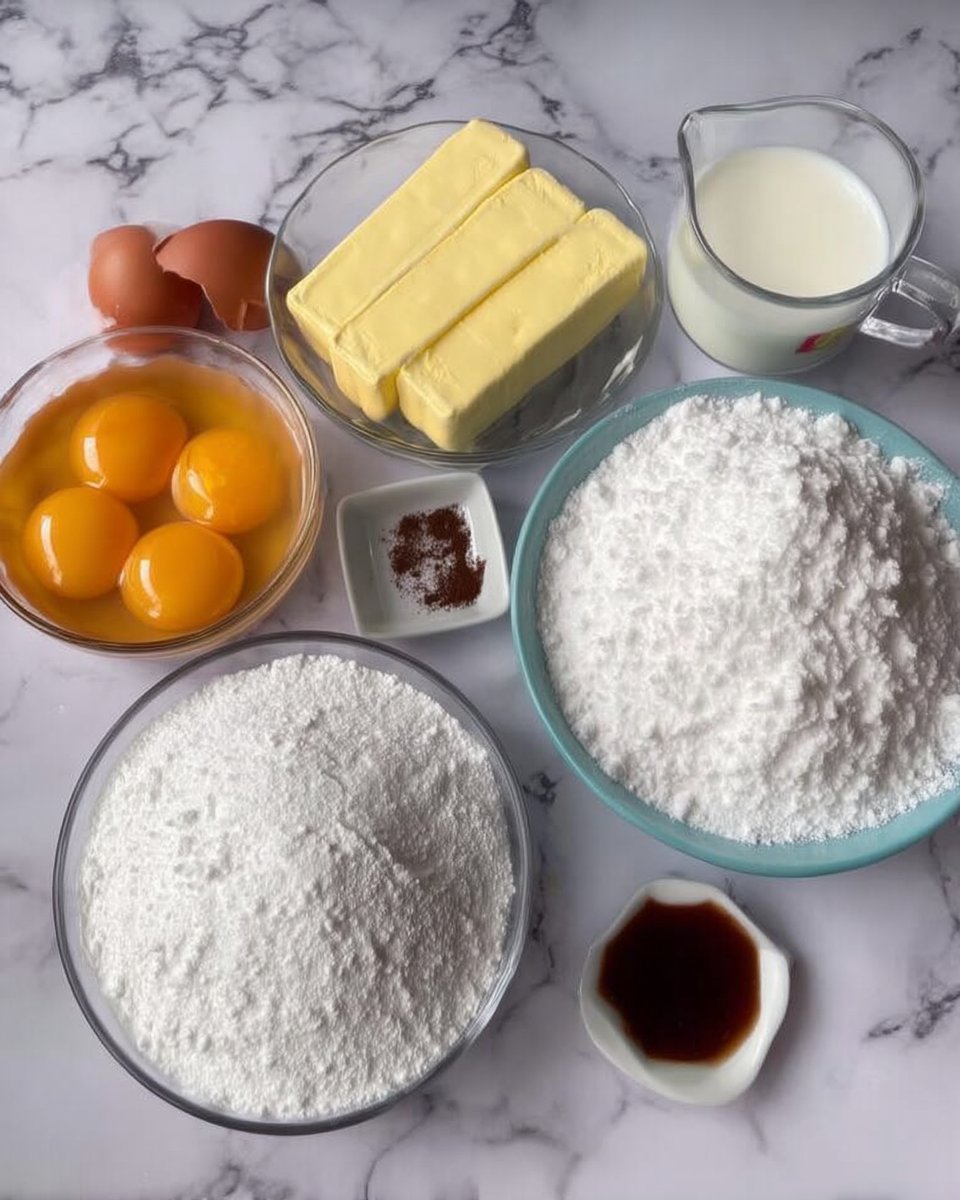 Arrangement of cake flour, butter, egg yolks, and buttermilk