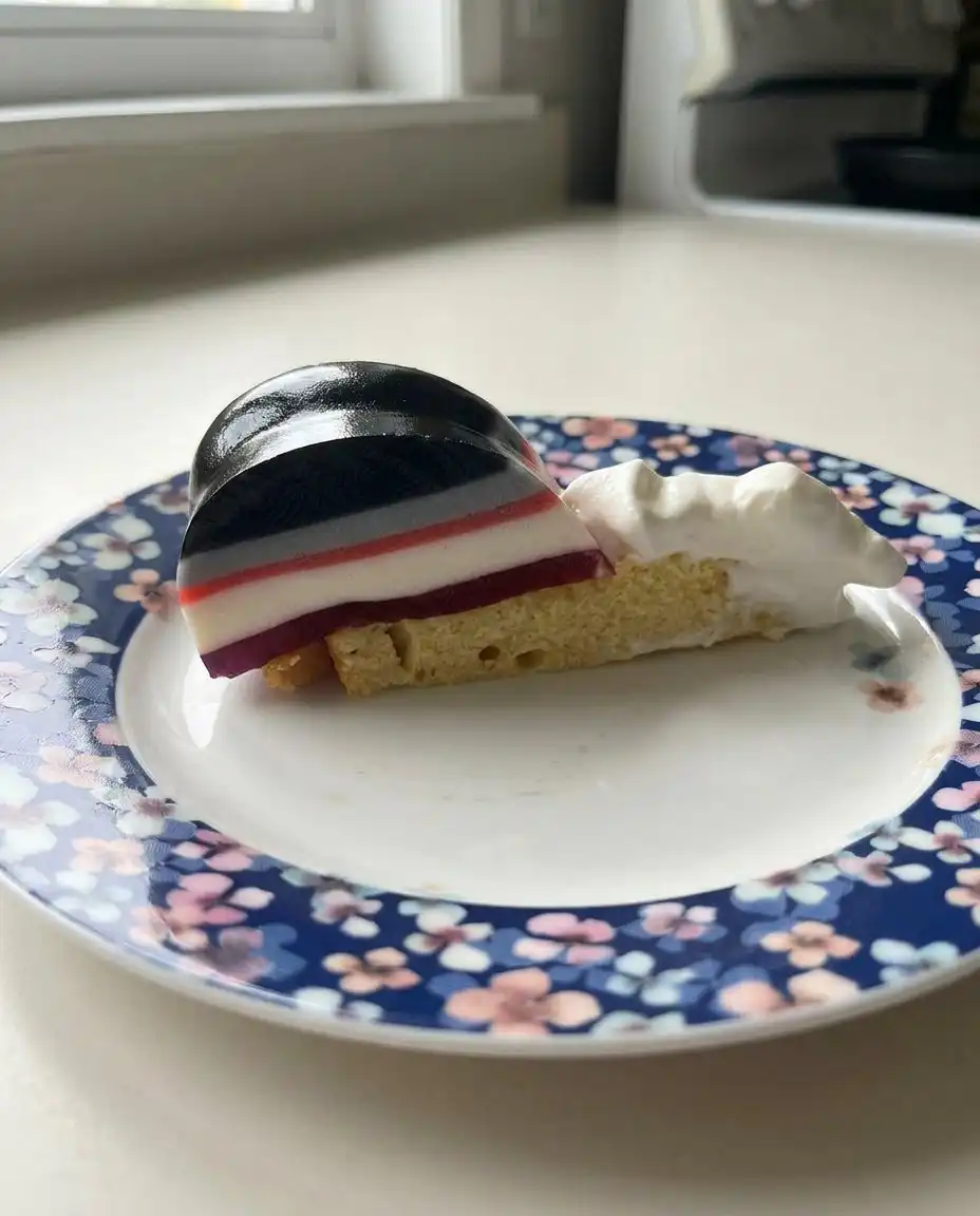 Detail of a perfectly sliced jello cake showing clean layers