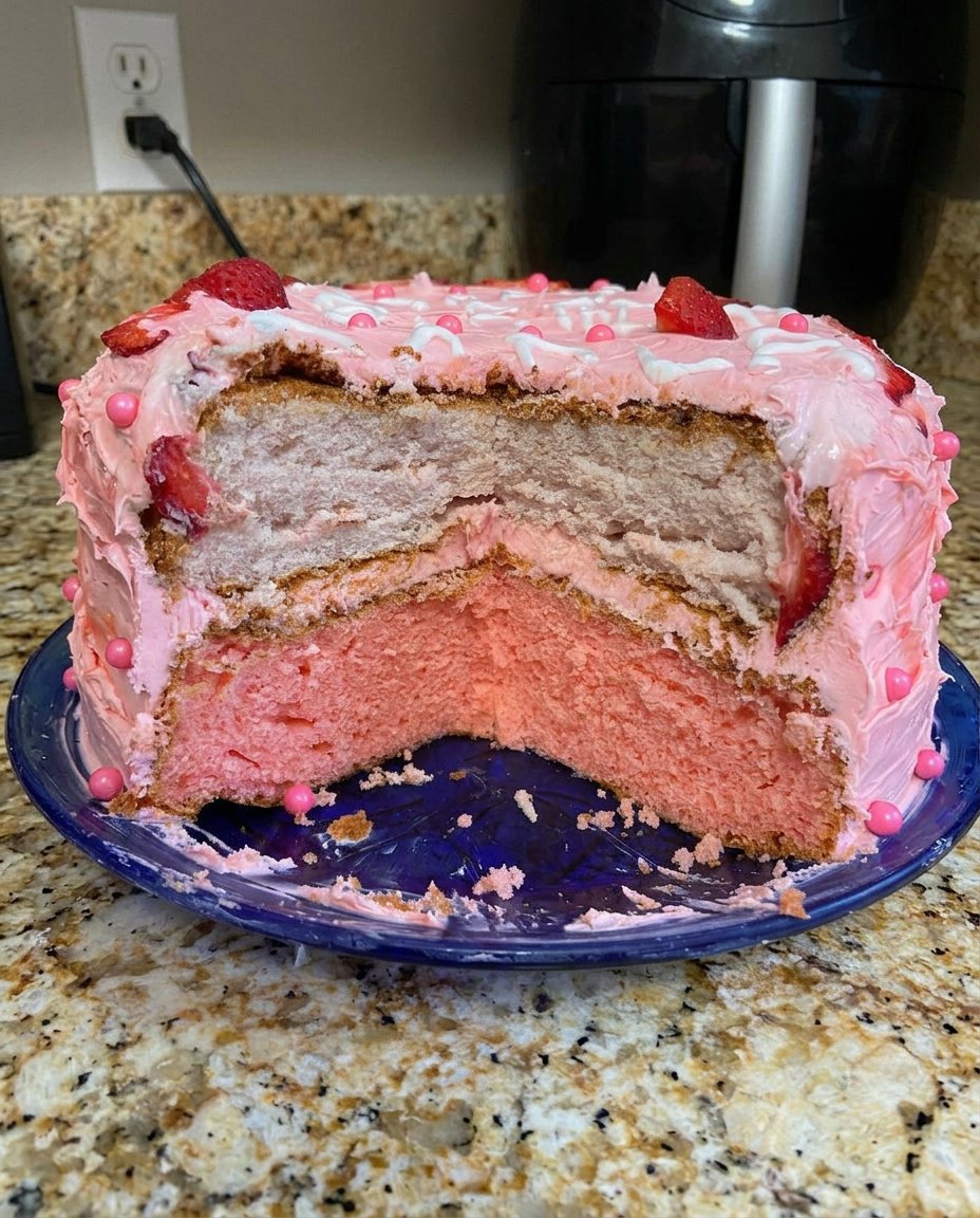 Strawberry Prosecco Cake 13 A hand using a pastry brush to apply clear prosecco syrup to a golden brown cake layer.