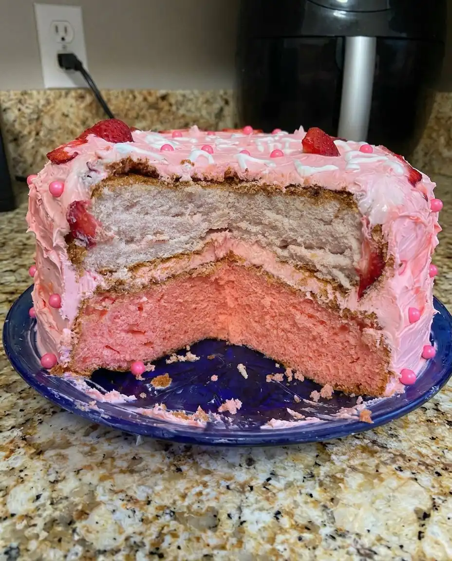 A hand using a pastry brush to apply clear prosecco syrup to a golden brown cake layer.