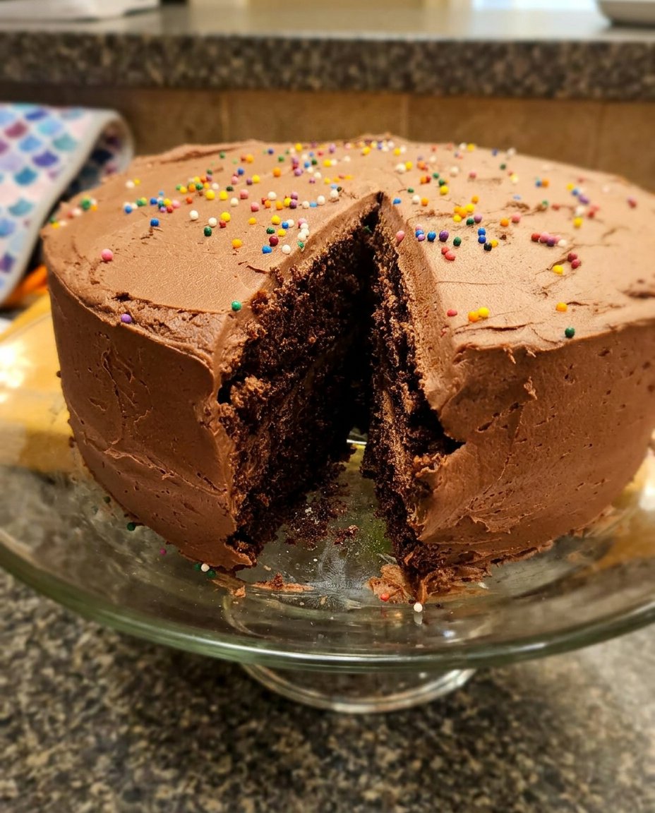 A close up shot of a moist dark chocolate cake slice with a rich crumb texture