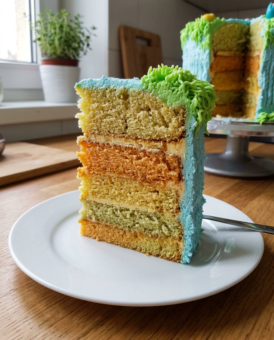 Lemon Rainbow Cake 3 14 A slice of colorful rainbow cake on a vintage floral plate with a fork