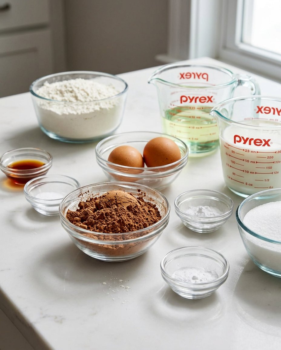 Homemade Chocolate Cake 12 Ingredients for chocolate cake including cocoa powder, flour, and eggs on a dark counter