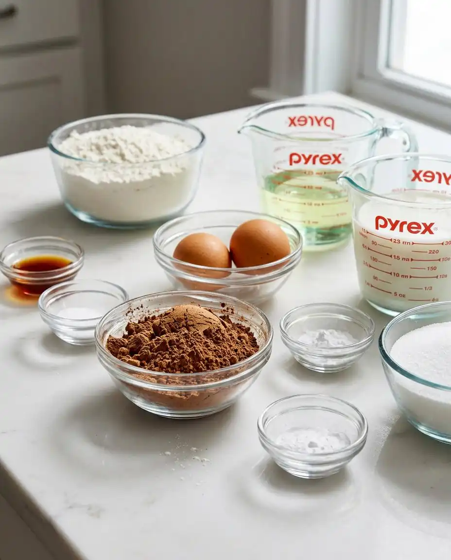 Ingredients for chocolate cake including cocoa powder, flour, and eggs on a dark counter
