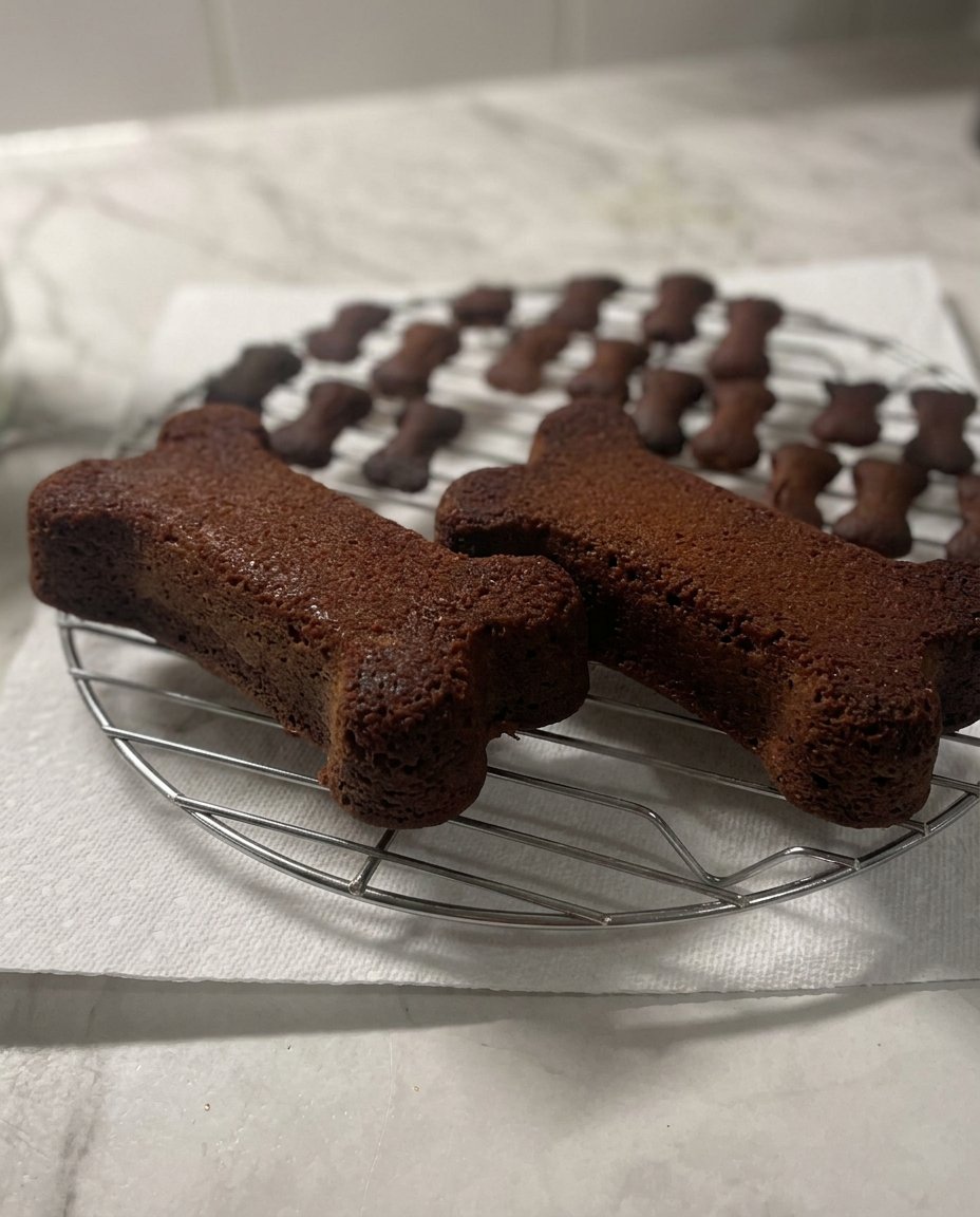 A beautifully baked dog birthday cake in a ring shape on a rustic wooden stand.