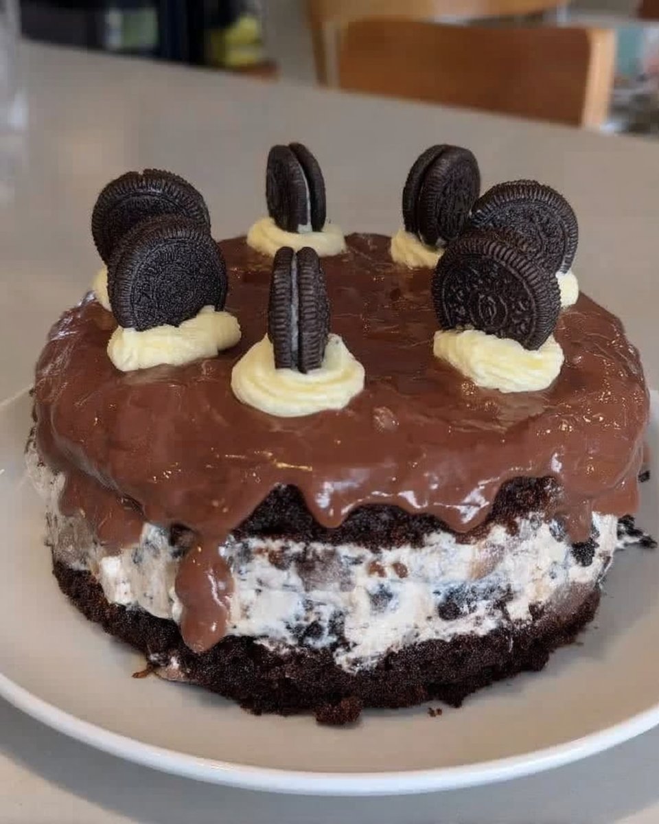 Three six-inch Oreo cake layers cooling on a wire rack showing visible cookie pieces