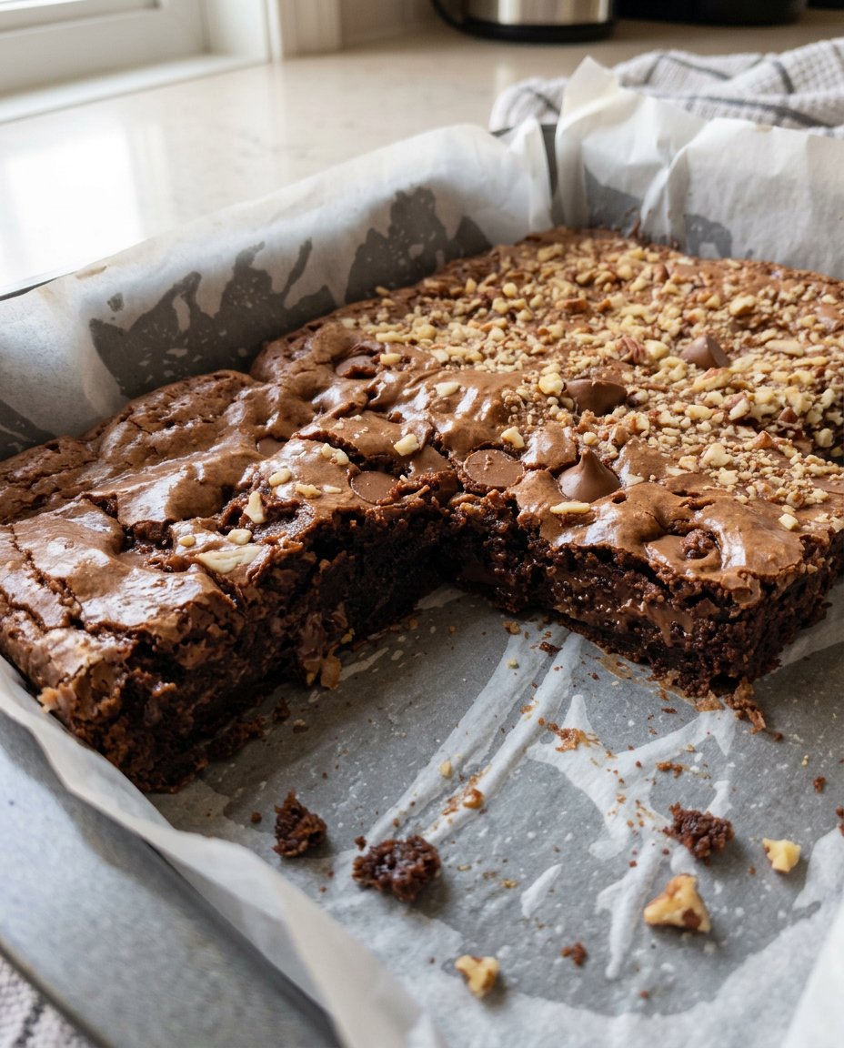 A smooth and glossy dark chocolate brownie batter being stirred in a glass bowl