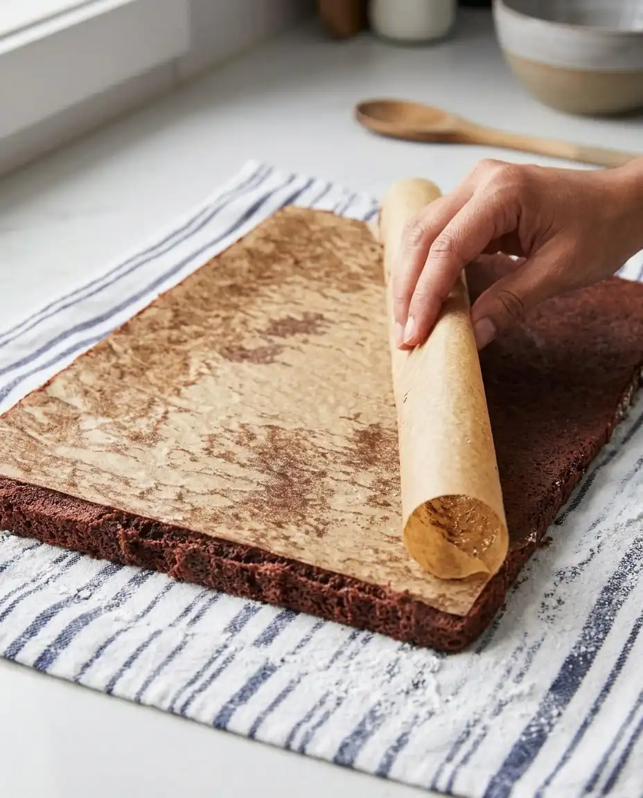 Hands rolling a warm chocolate sponge cake in a kitchen towel dusted with sugar