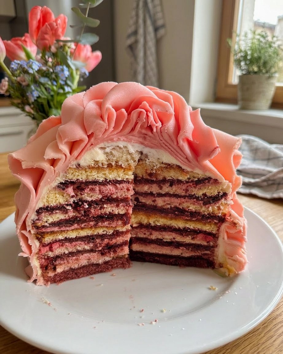 A finished rose cake on a floral pedestal stand ready to be served